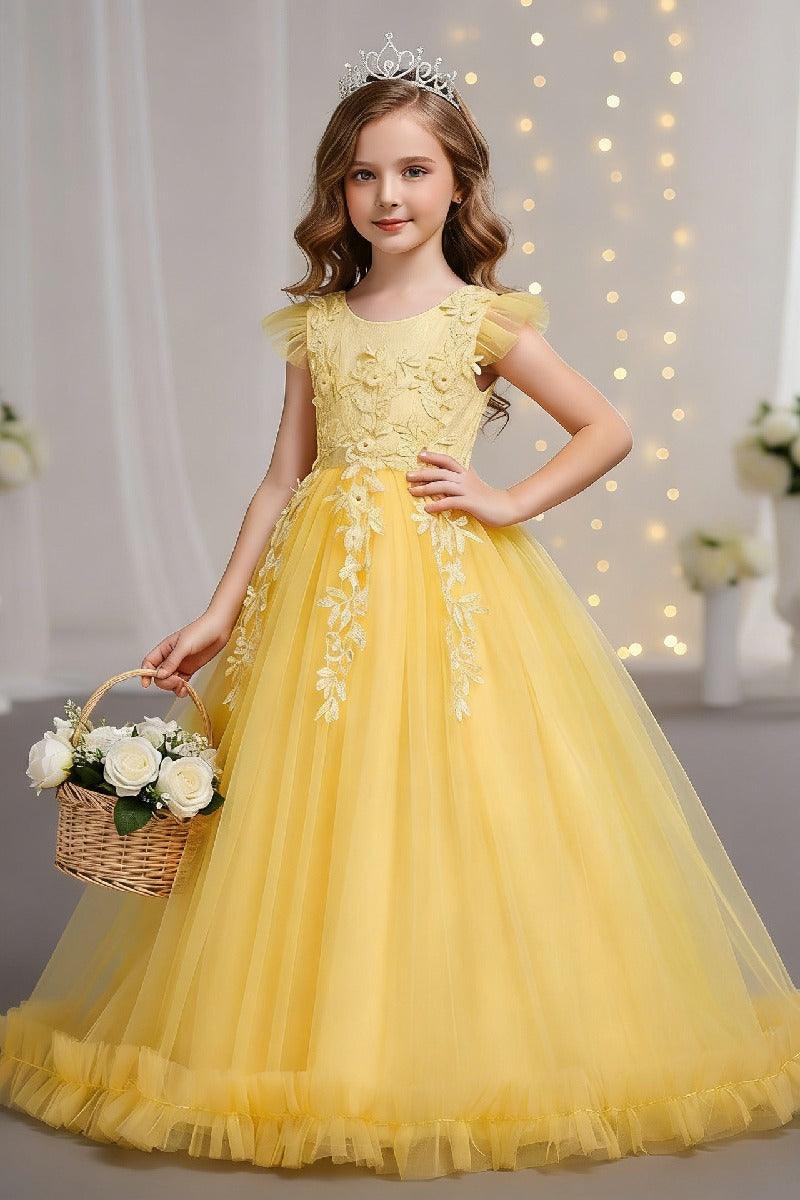A-Line Cap Sleeve Lace Applique Tulle Floor Length Flower Girl Dresses 1031527052172 - 7 Days / Yellow / 120cm - COCOMELODY